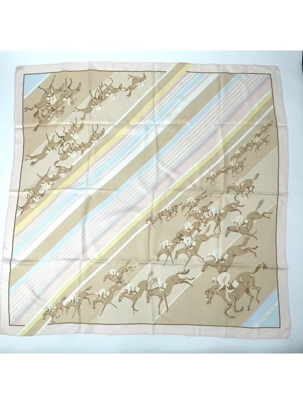 Hermes Carre 90 Lea Courses Horse Racing Silk Scarf Beige